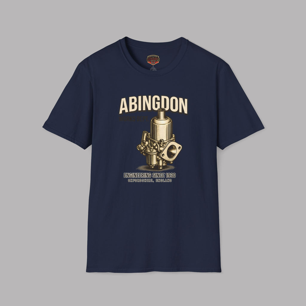 Navy blue t-shirt with a gold carburetor graphic and 'Abingdon' text on a gray background