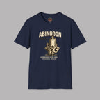 Navy blue t-shirt with a gold carburetor graphic and 'Abingdon' text on a gray background