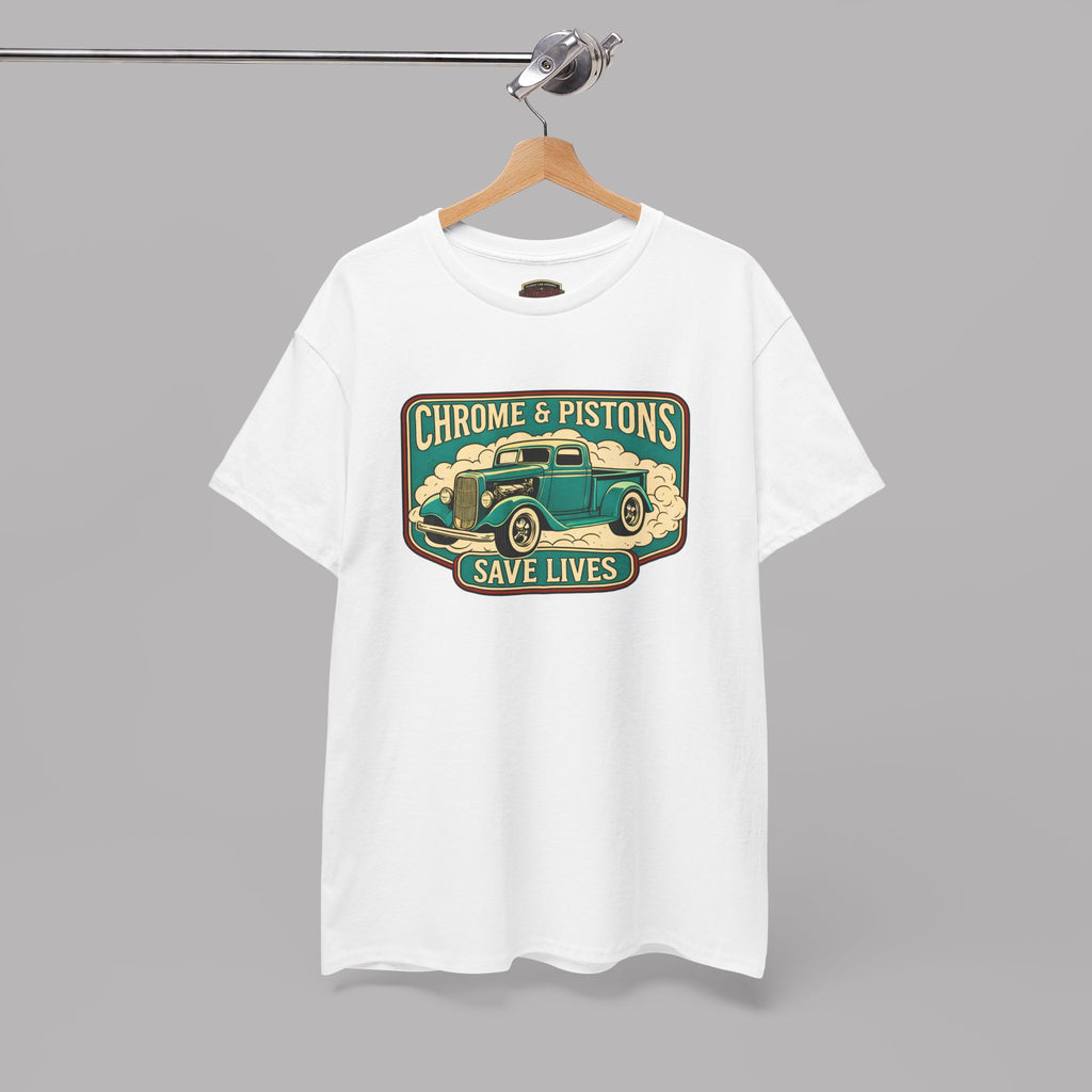 Chrome and Pistons T-Shirt – Vintage Hot Rod Graphic Tee