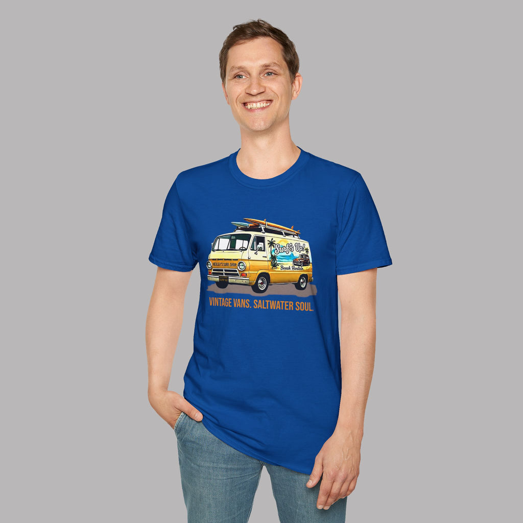 Man wearing a royal blue t-shirt with a yellow classic van graphic on a gray background