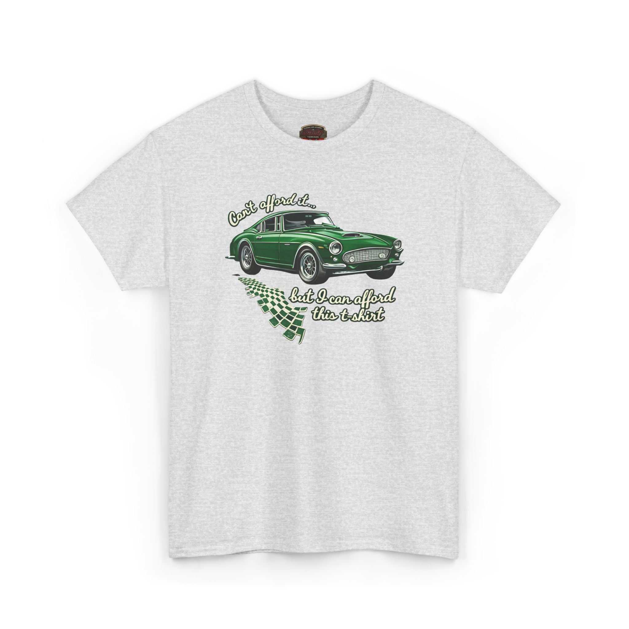 Ash gray t-shirt with a green classic car graphic and text on a white background