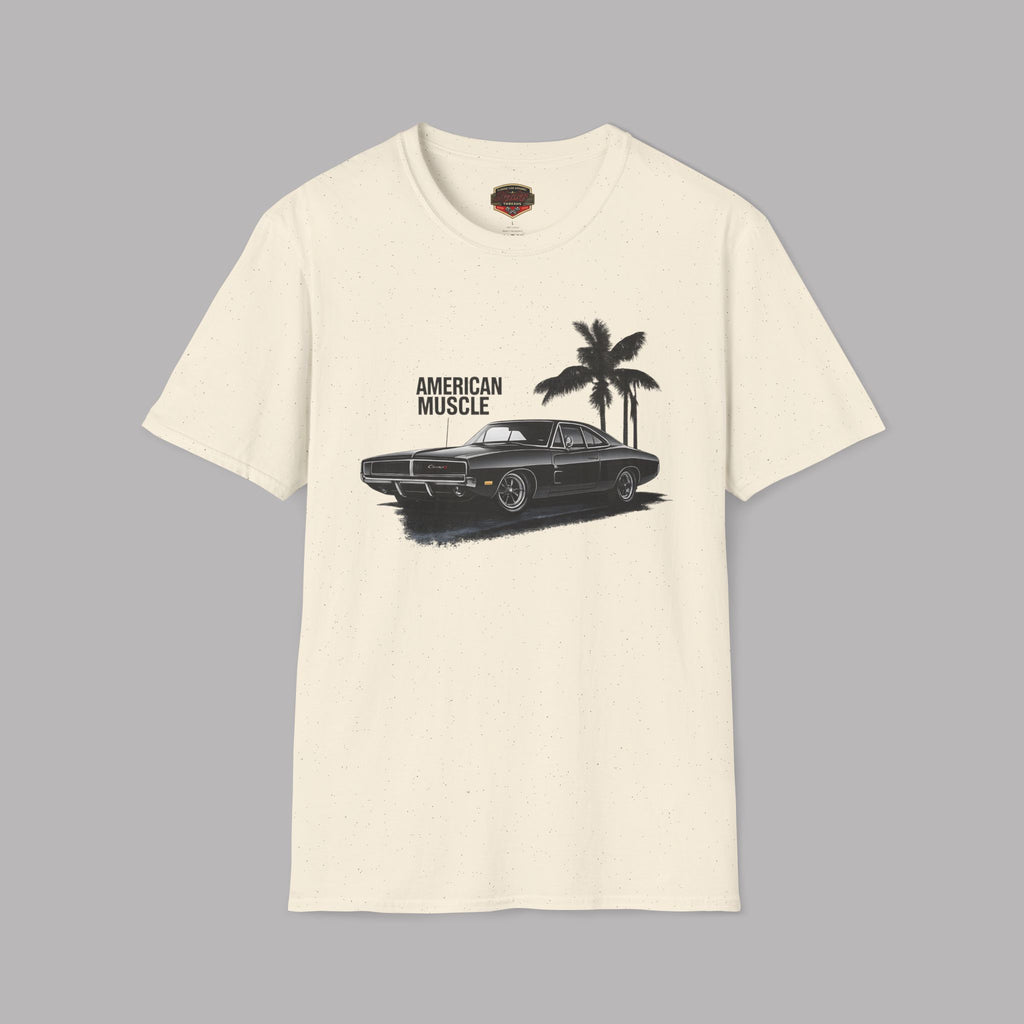 Natural t-shirt with a graphic of a car and palm trees on a gray background