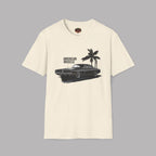 Natural t-shirt with a graphic of a car and palm trees on a gray background