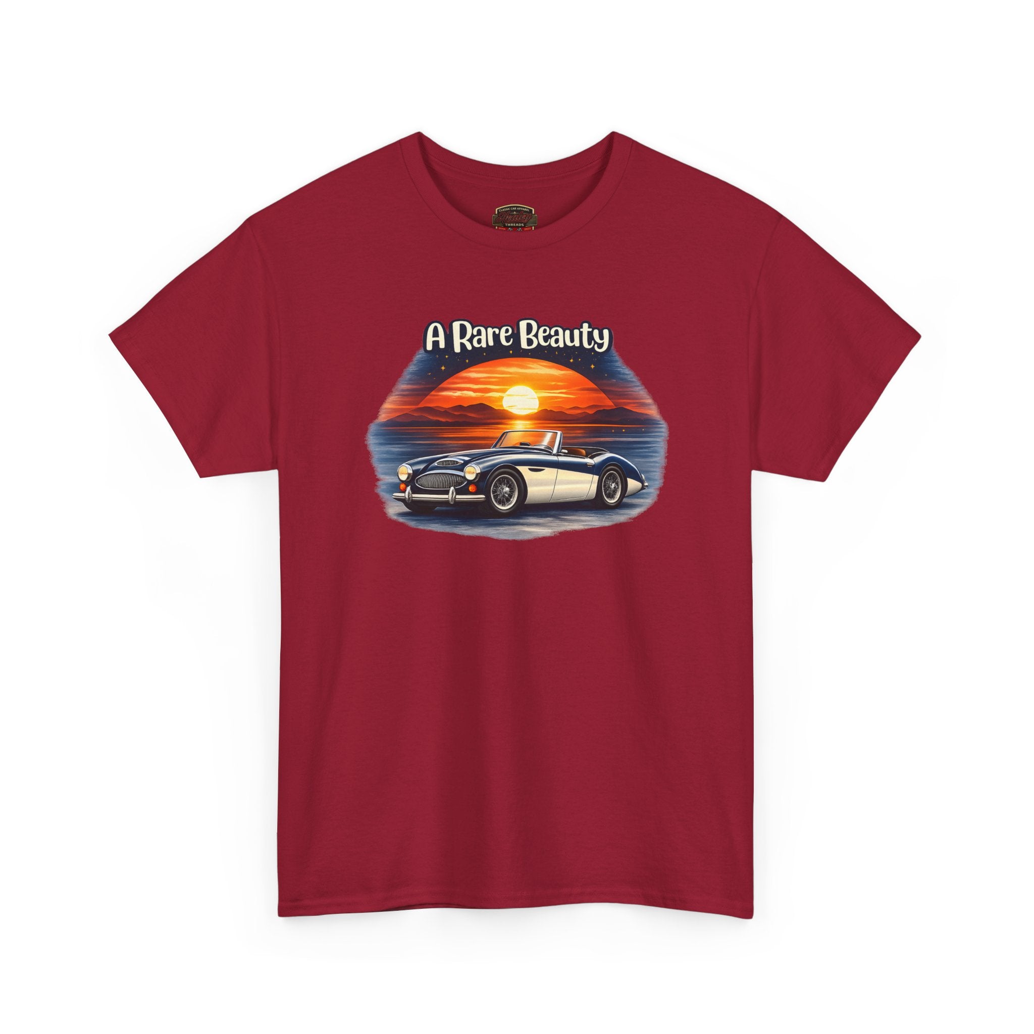Cardinal red t-shirt with a graphic of a car and sunset text 'A Rare Beauty' on a white background