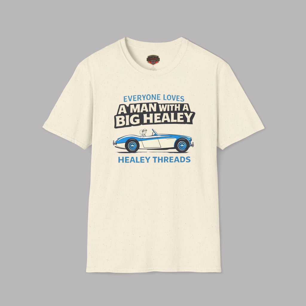 Natural t-shirt with Healey car graphic and text on a gray background