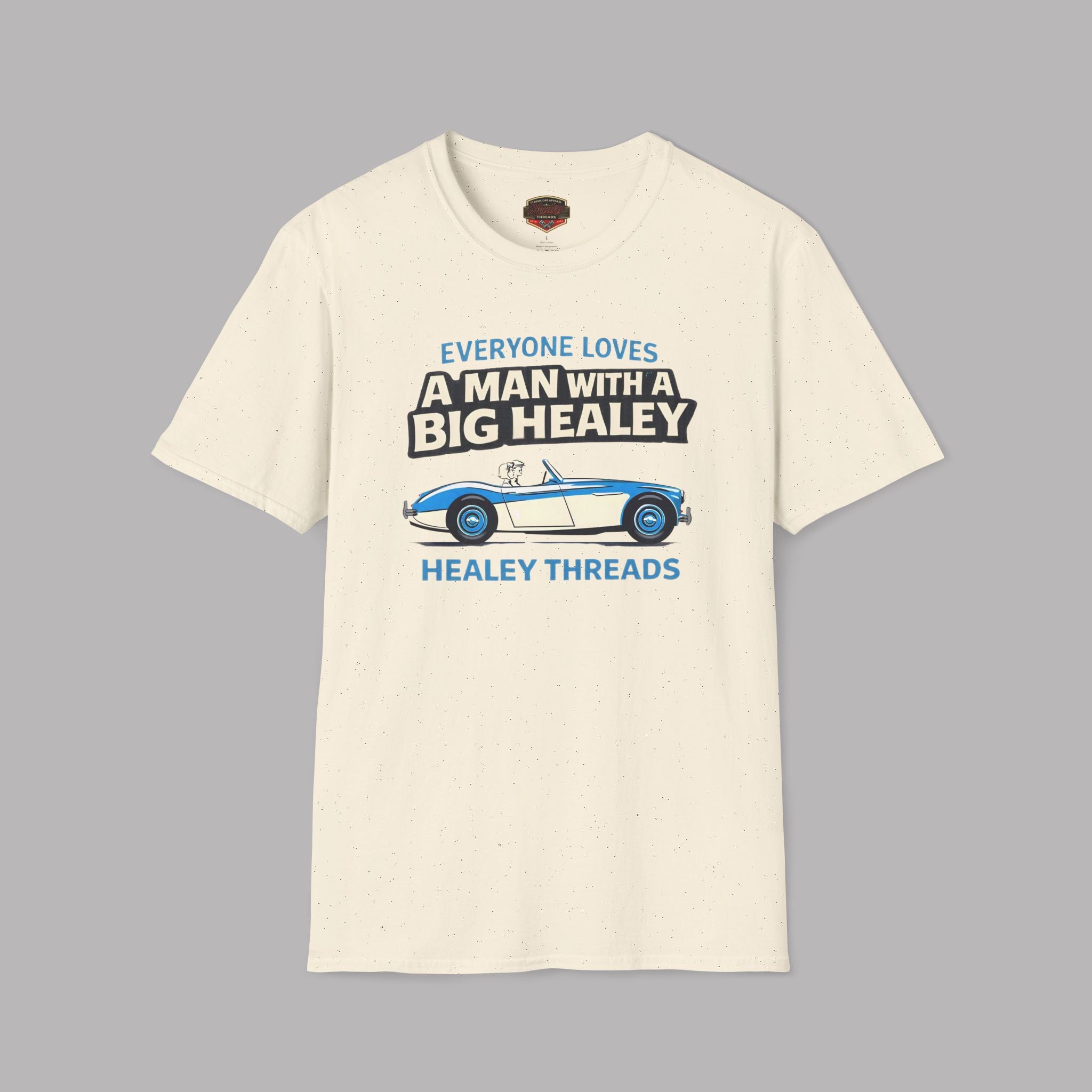 Natural t-shirt with Healey car graphic and text on a gray background