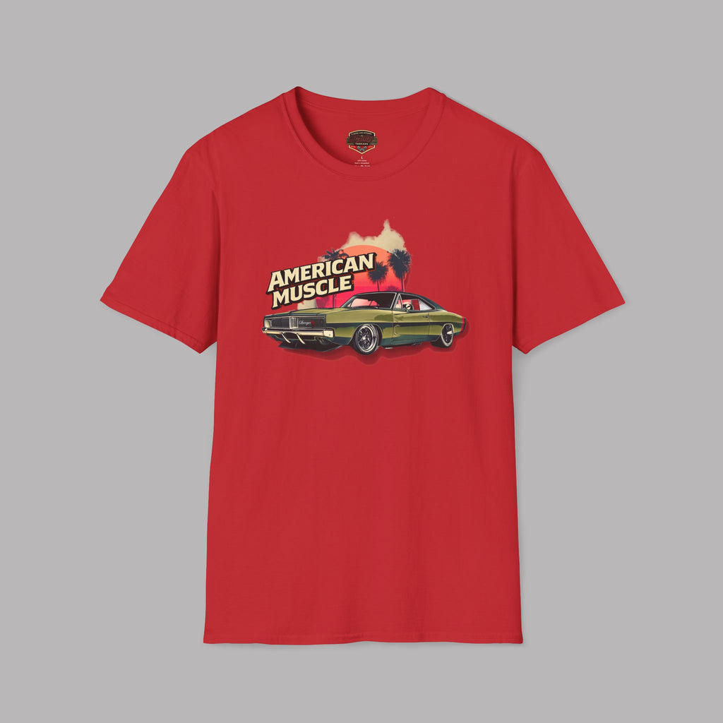 Red t-shirt with 'American Muscle' graphic design on a gray background