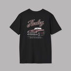 Black t-shirt with Healey graphic and text on a white background
