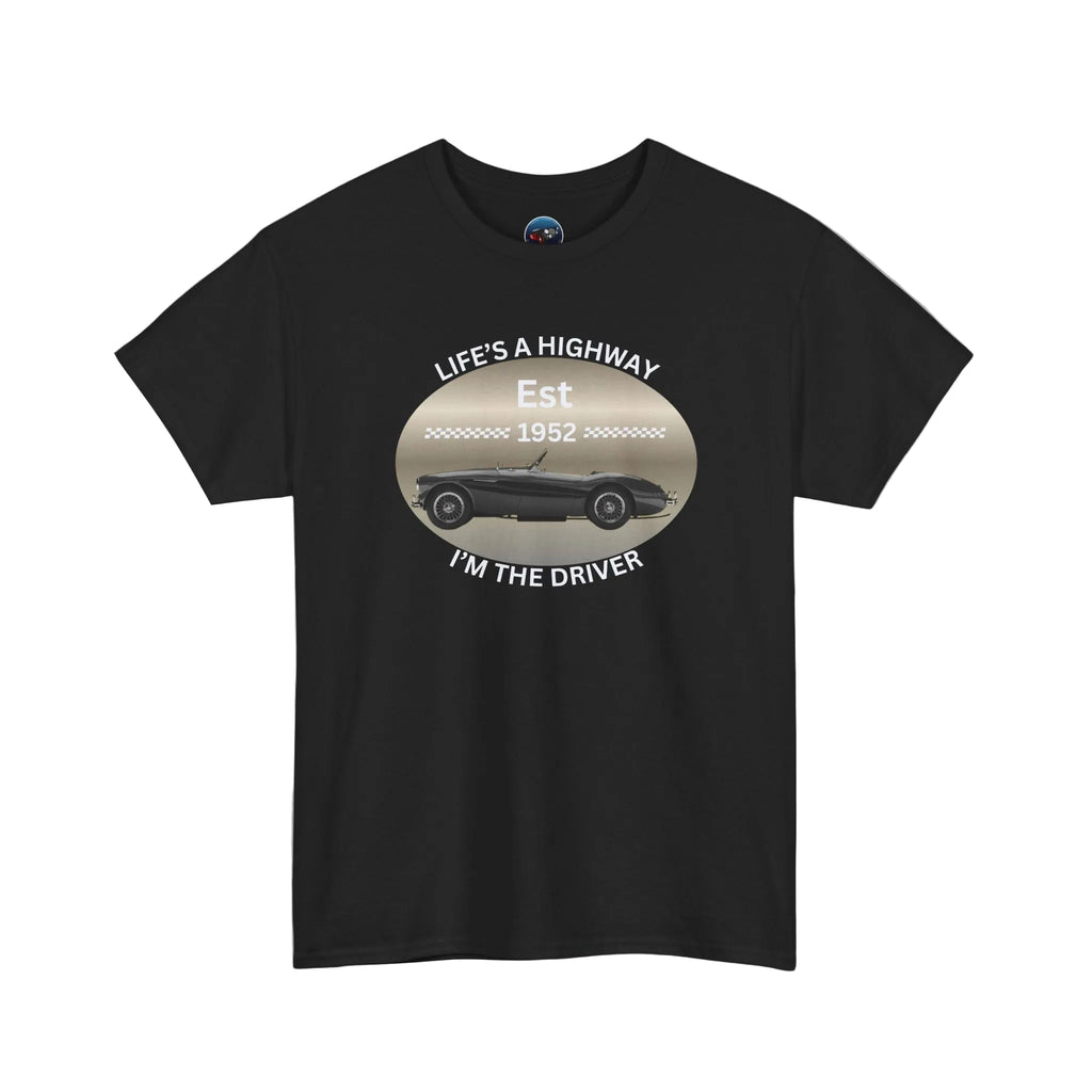 Black t-shirt with vintage car graphic and text on a white background
