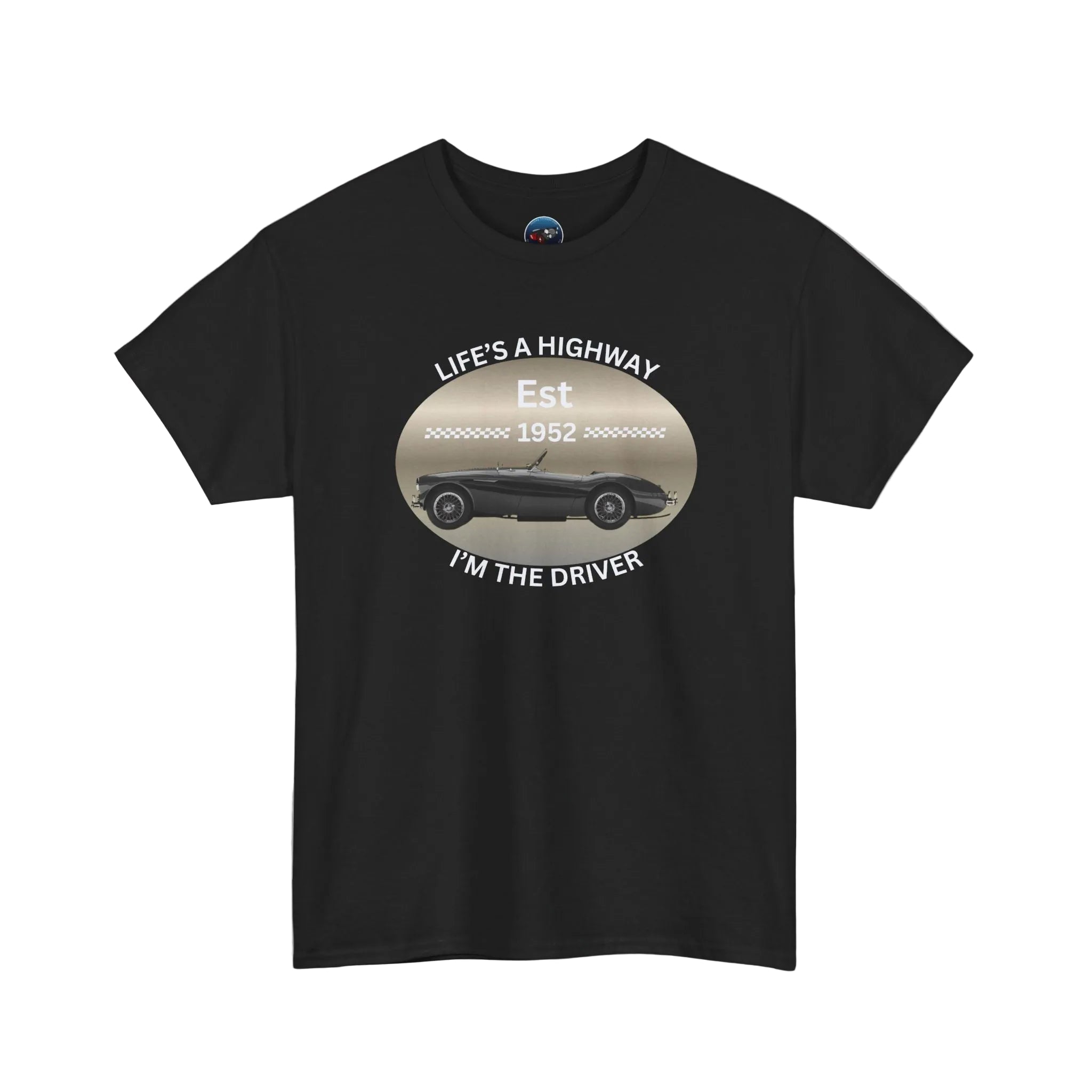 Black t-shirt with vintage car graphic and text on a white background