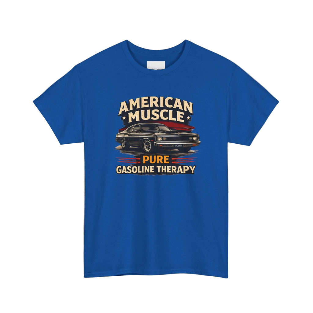 Royal blue t-shirt with American Muscle graphic on a white background