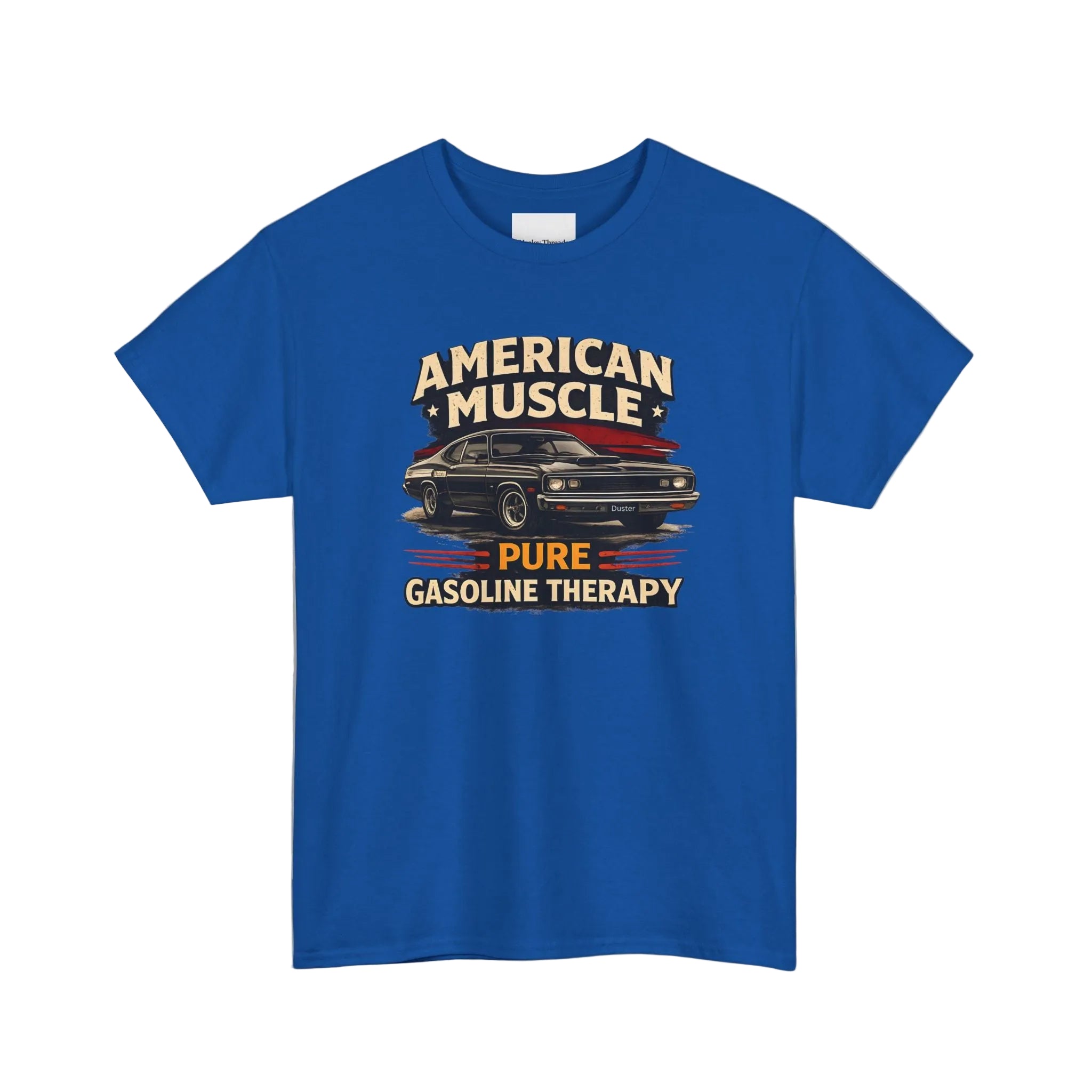 Royal blue t-shirt with American Muscle graphic on a white background