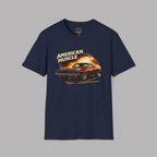 Navy blue t-shirt with 'American Muscle' graphic design on a gray background