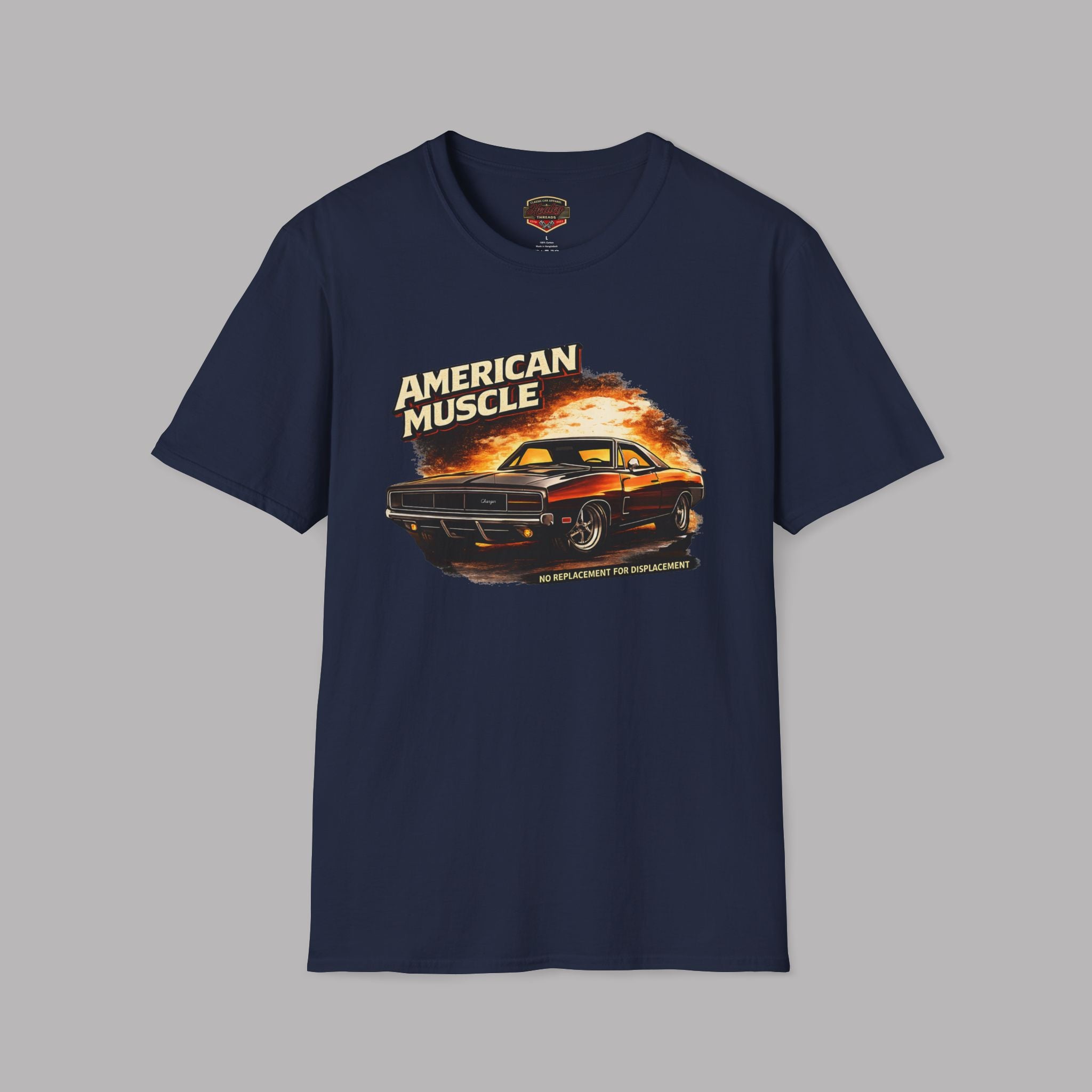 Navy blue t-shirt with 'American Muscle' graphic design on a gray background
