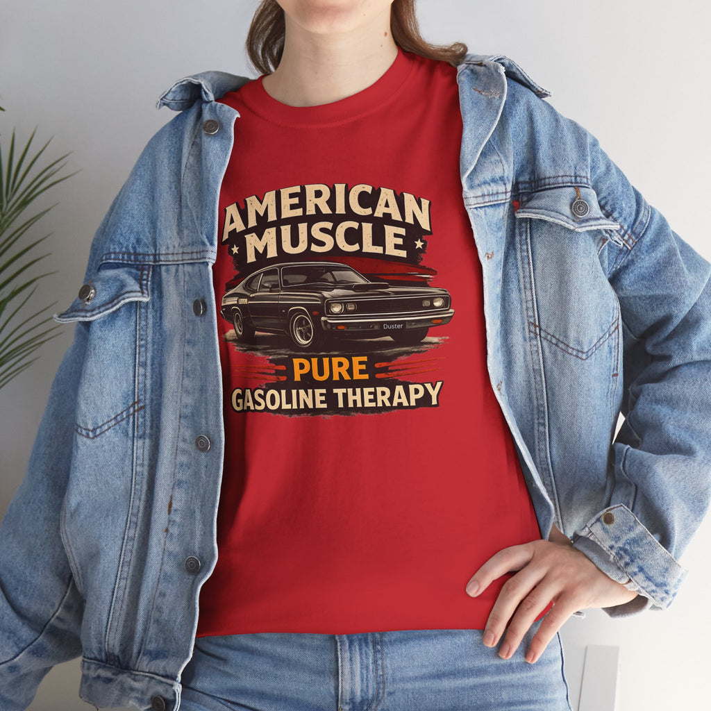 Girl wearing a red t-shirt with 'American Muscle' graphic and text, paired with a denim jacket.
