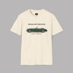 Natural t-shirt with a green classic car graphic and text on a gray background