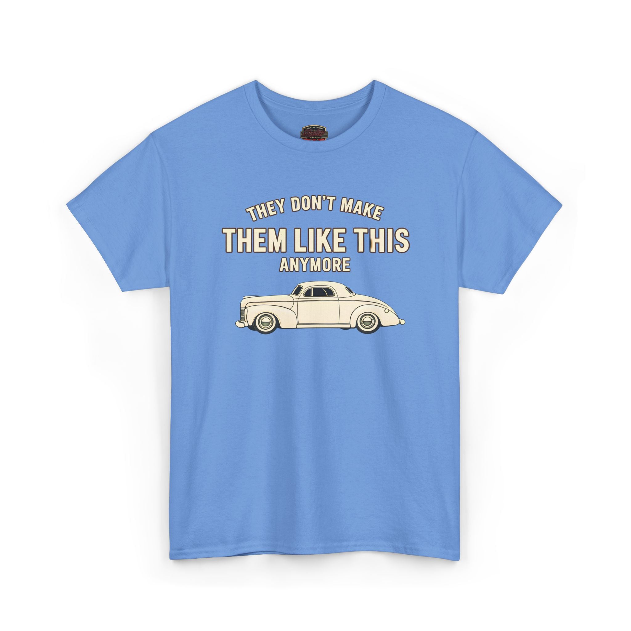 Carolina blue t-shirt with vintage car graphic and text on a white background