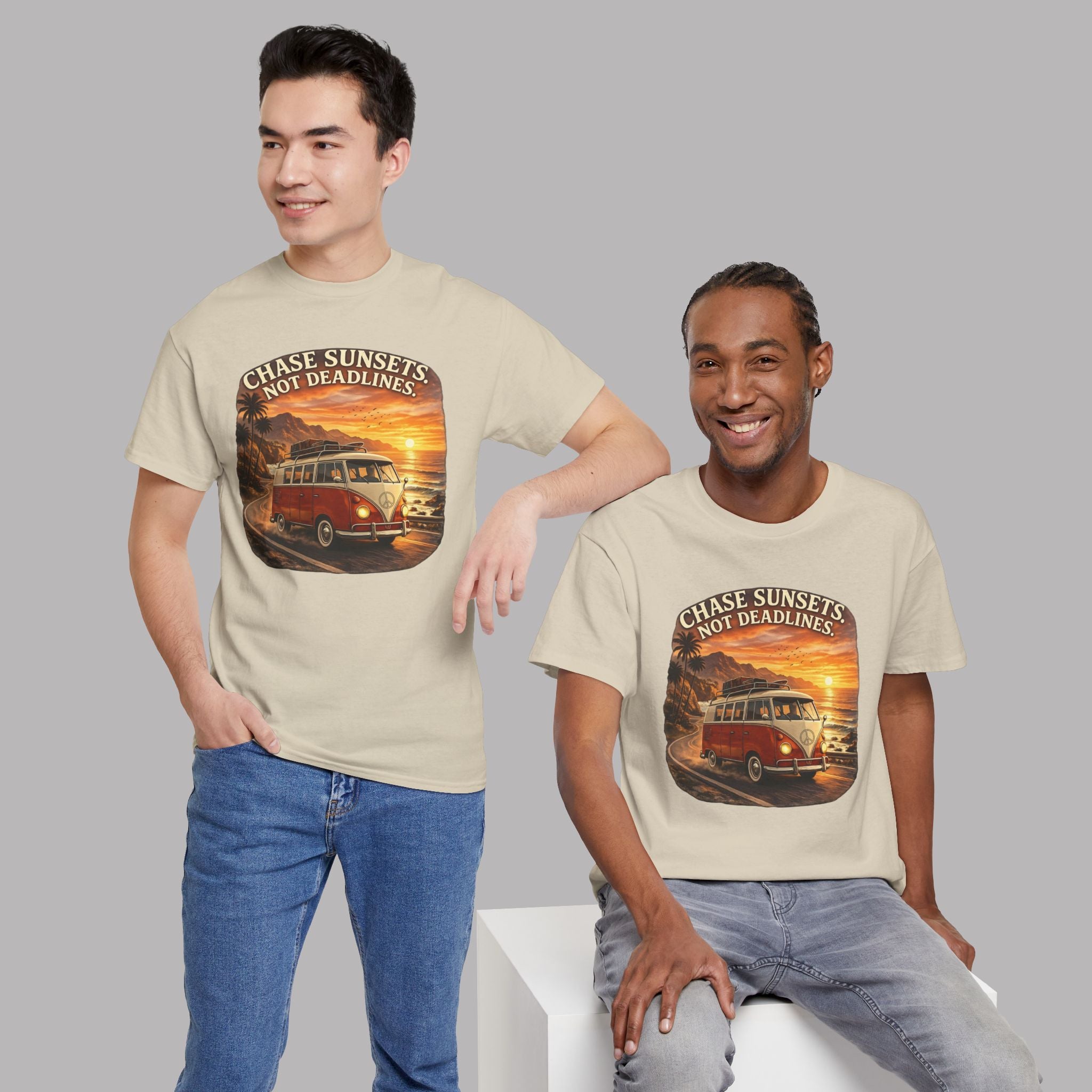 Two people wearing t-shirts with a classic red van and sunset design and text.