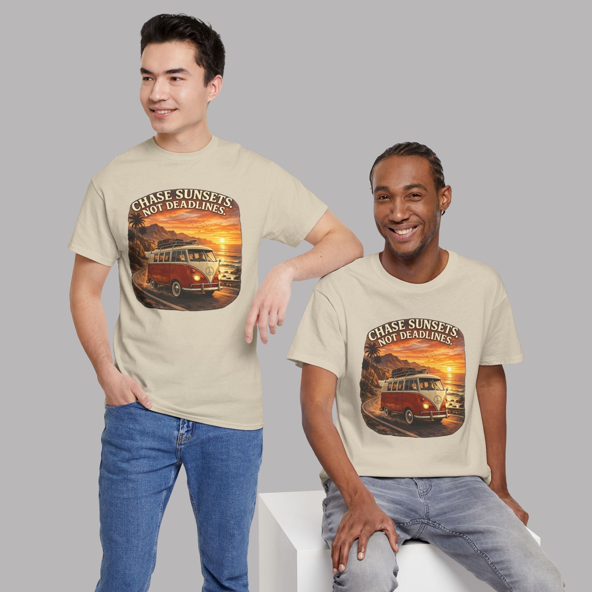 Chase Sunsets Camper T‑Shirt - 'Chase Sunsets Not Deadlines' Retro Van Tee