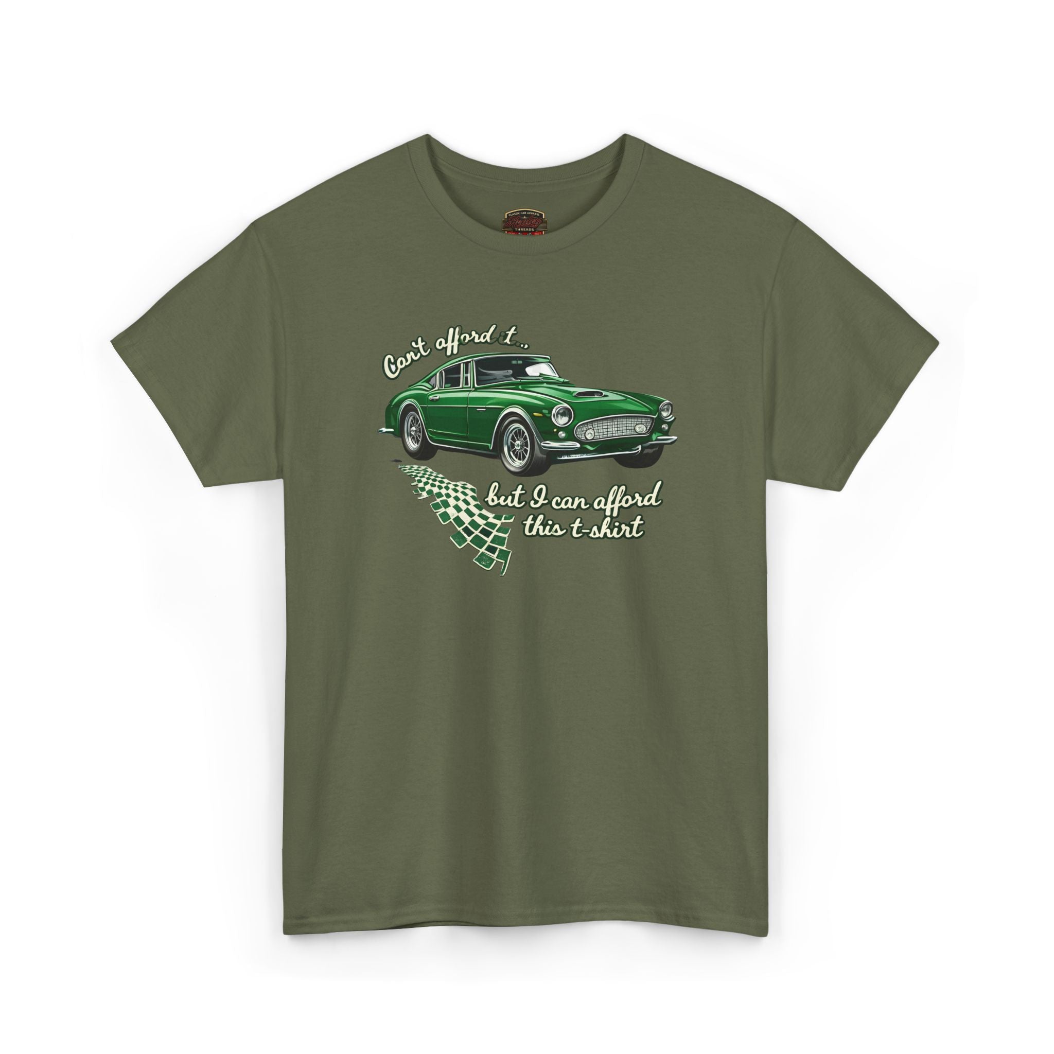 Military green t-shirt with a classic car graphic and text on a white background