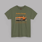 Military green t-shirt with a graphic of a vintage car and text on a gray background