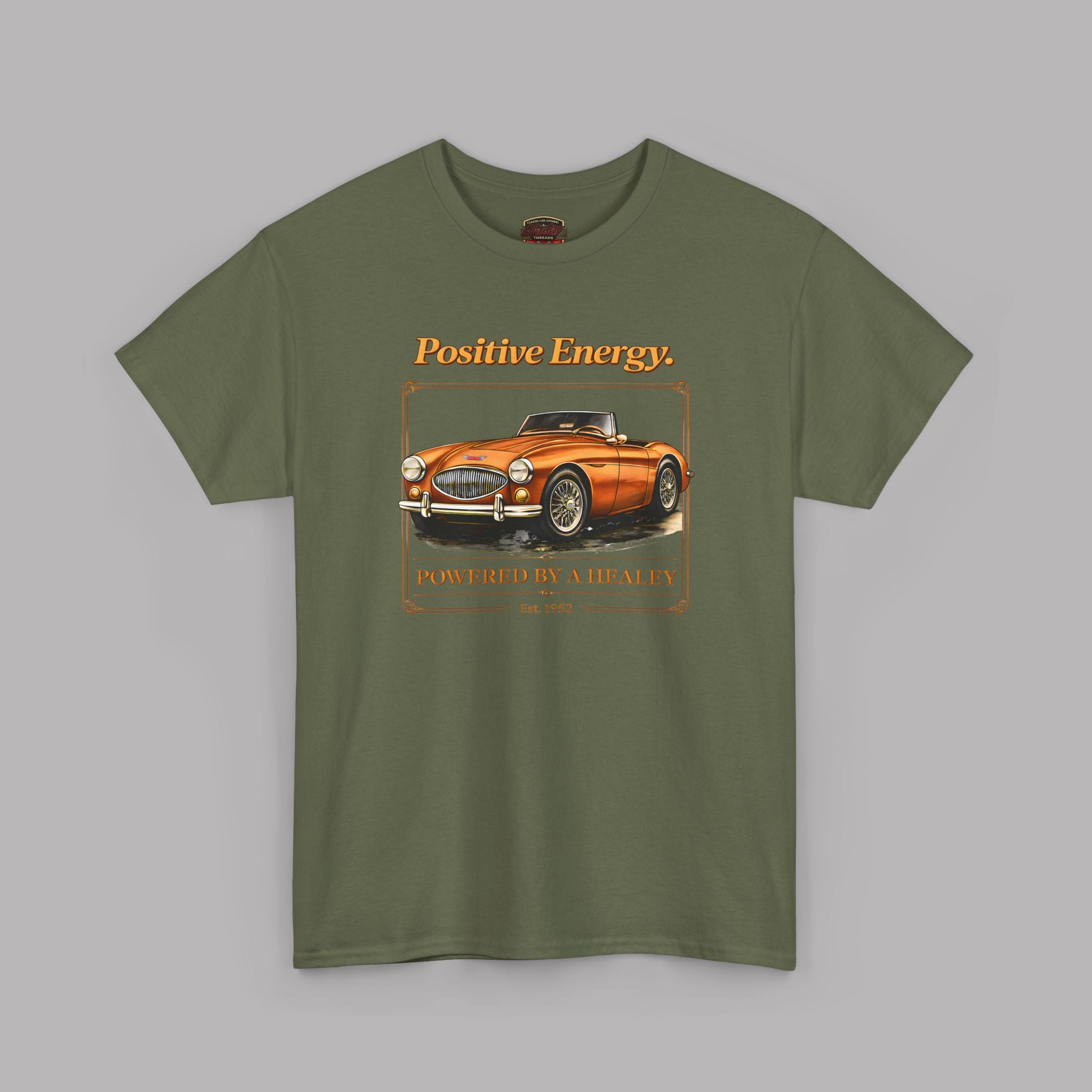 Military green t-shirt with a graphic of a vintage car and text on a gray background