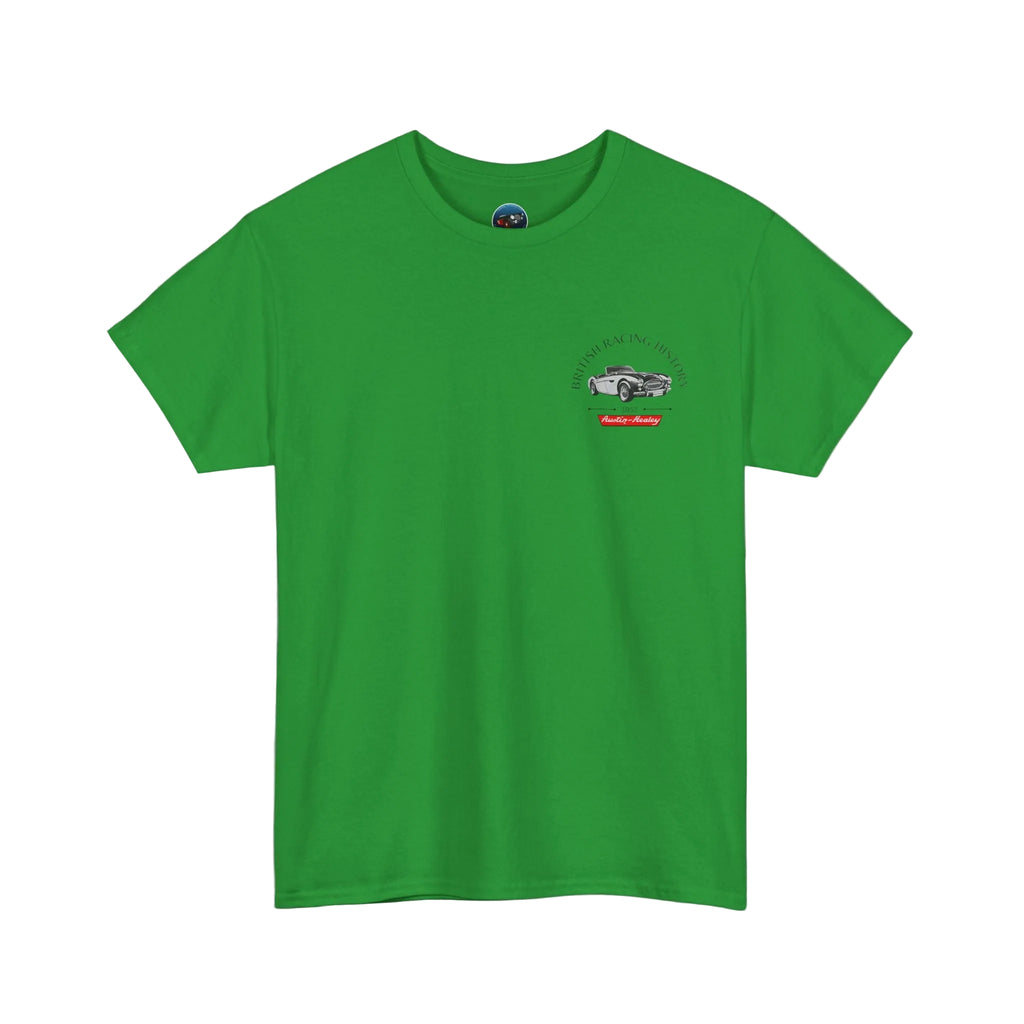 Green t-shirt with a small Healey graphic on a white background