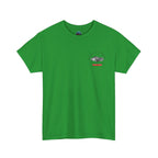 Green t-shirt with a small Healey graphic on a white background