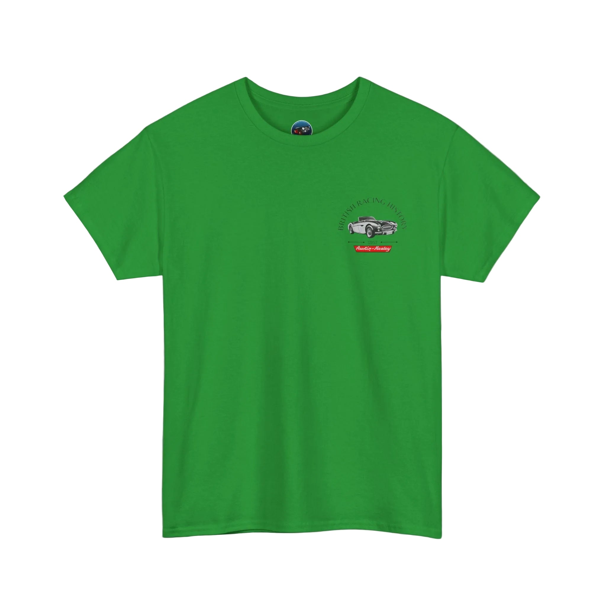 Green t-shirt with a small Healey graphic on a white background