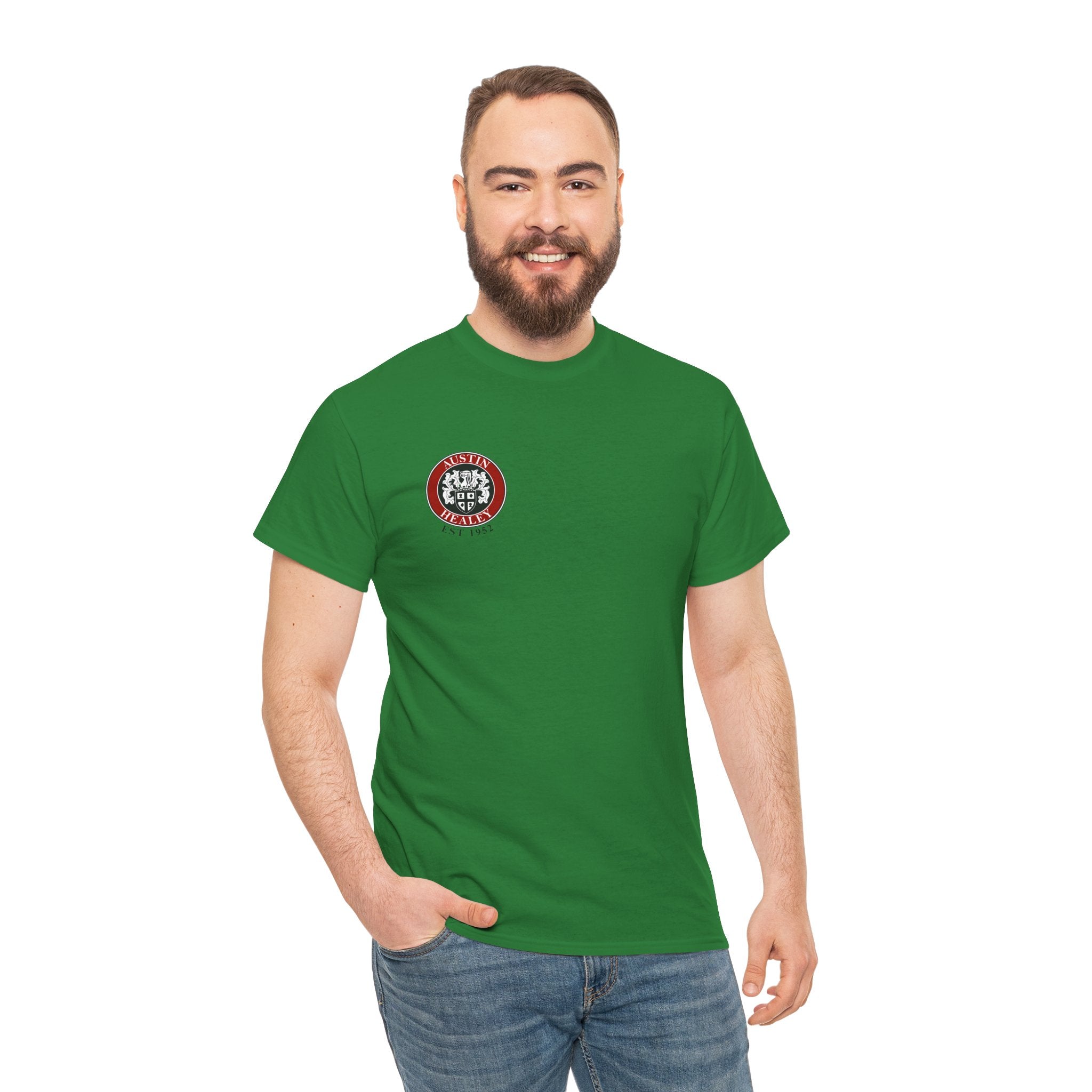 Man wearing a green t-shirt with a logo on a white background