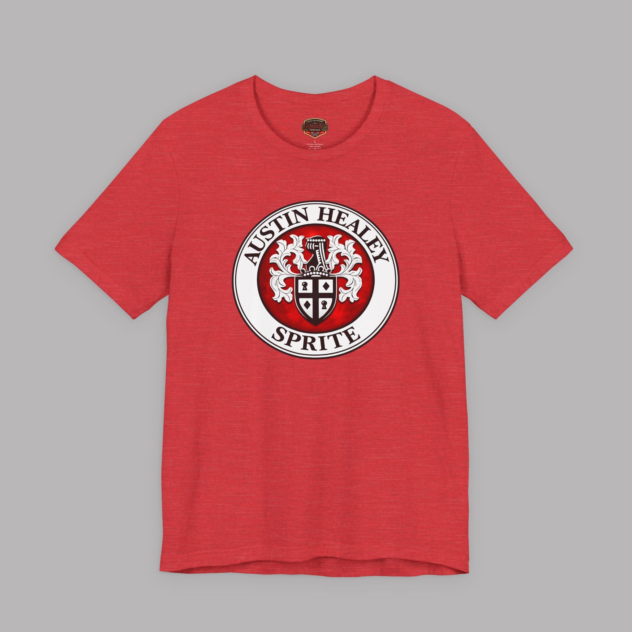 Heather red t-shirt with Austin Healey Sprite logo on a gray background
