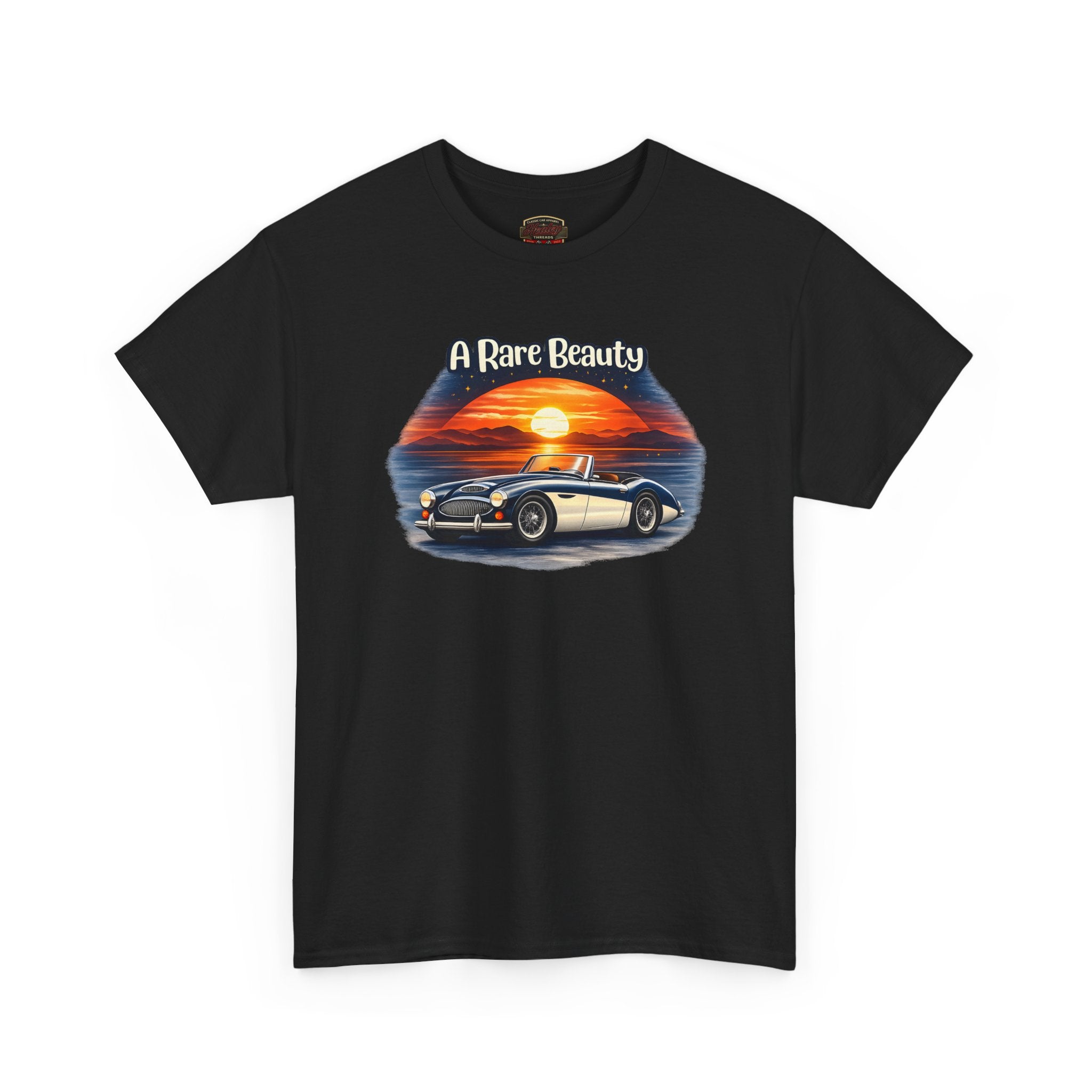Black t-shirt with a graphic of a classic car and sunset, labeled 'A Rare Beauty', on a white background.
