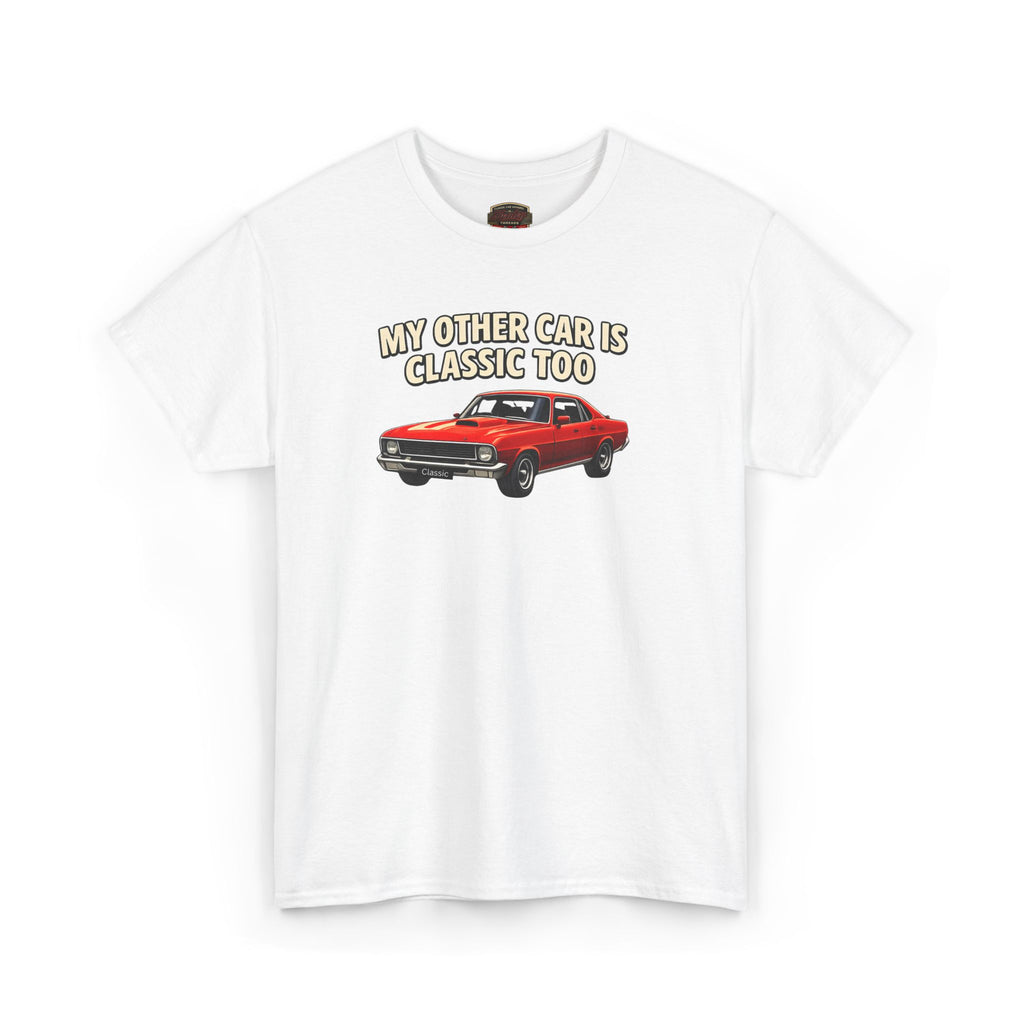 White t-shirt with a red car graphic and text on a white background