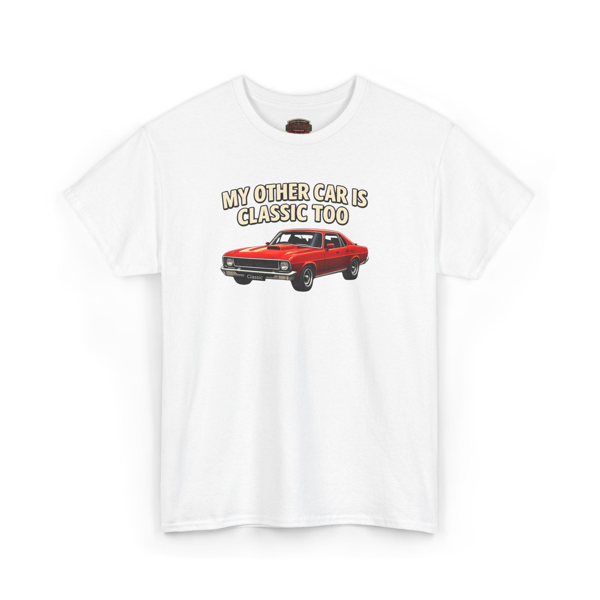 White t-shirt with a red car graphic and text on a white background
