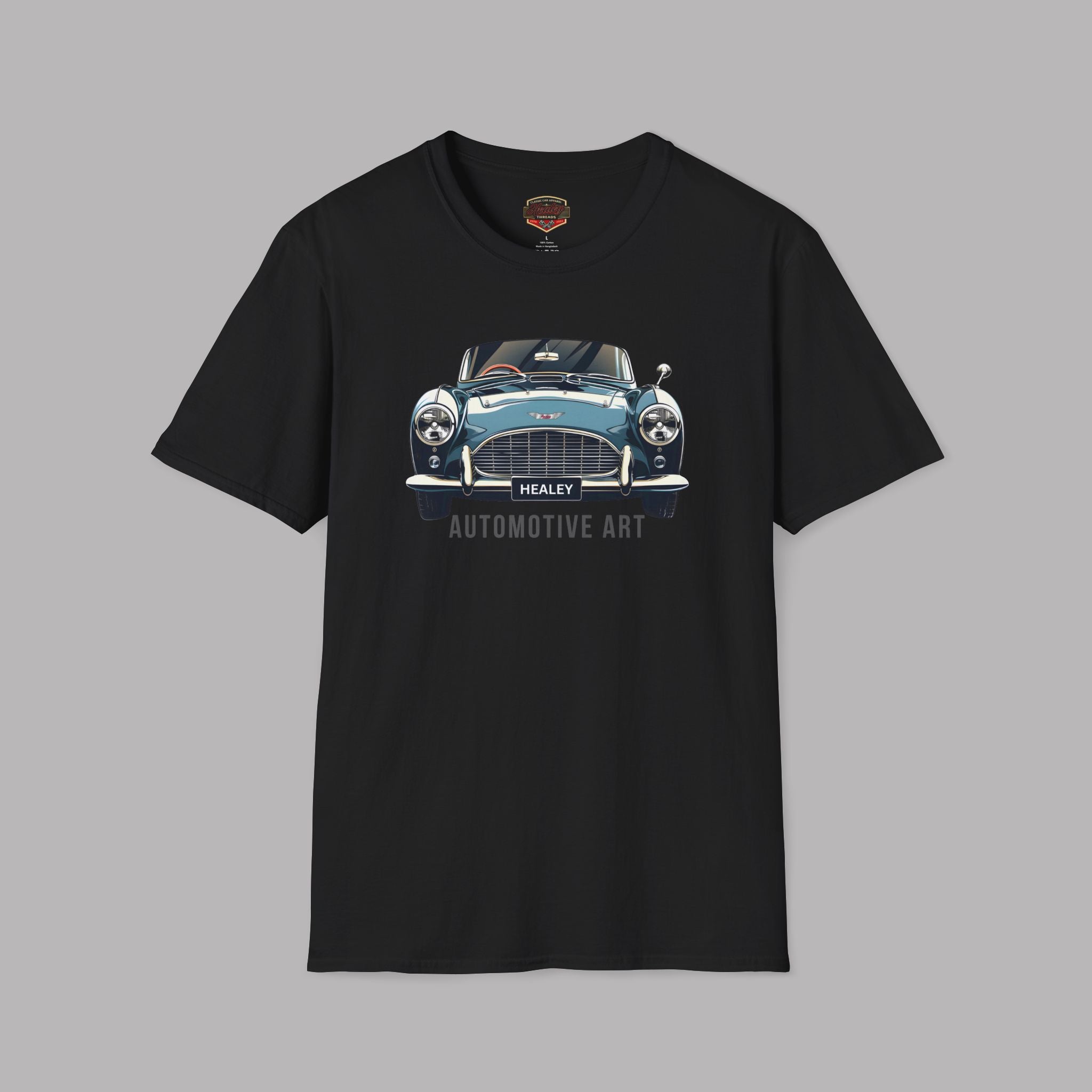 Black t-shirt with a graphic of a vintage Healey car on a gray background