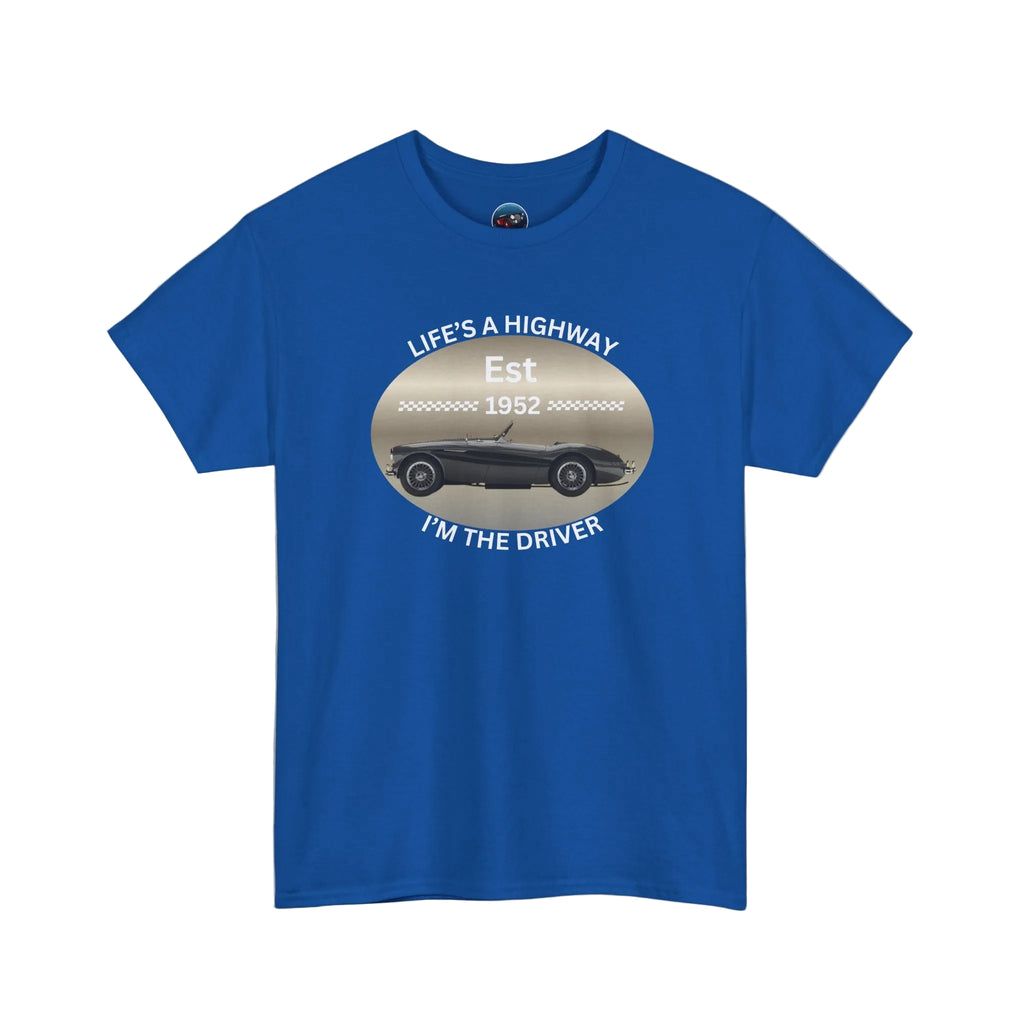 Royal blue t-shirt with a graphic design and text on a white background