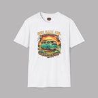 White t-shirt with a graphic design of a van and text on a gray background