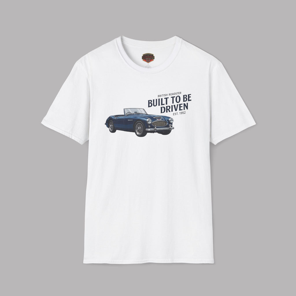 White t-shirt with a Healey car graphic and text on a gray background