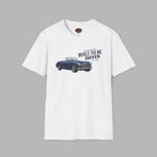 White t-shirt with a Healey car graphic and text on a gray background