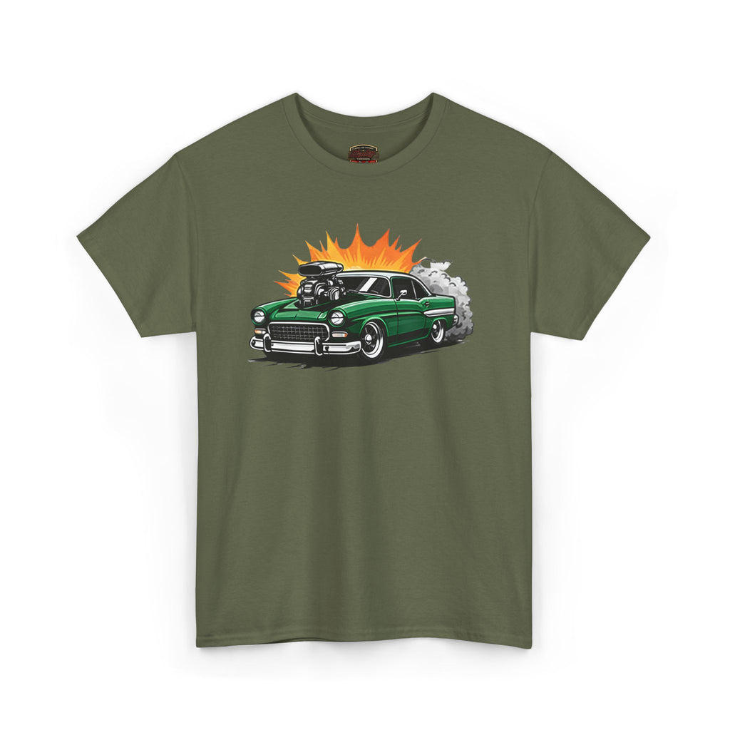 Military green t-shirt with a graphic of a classic car on a white background