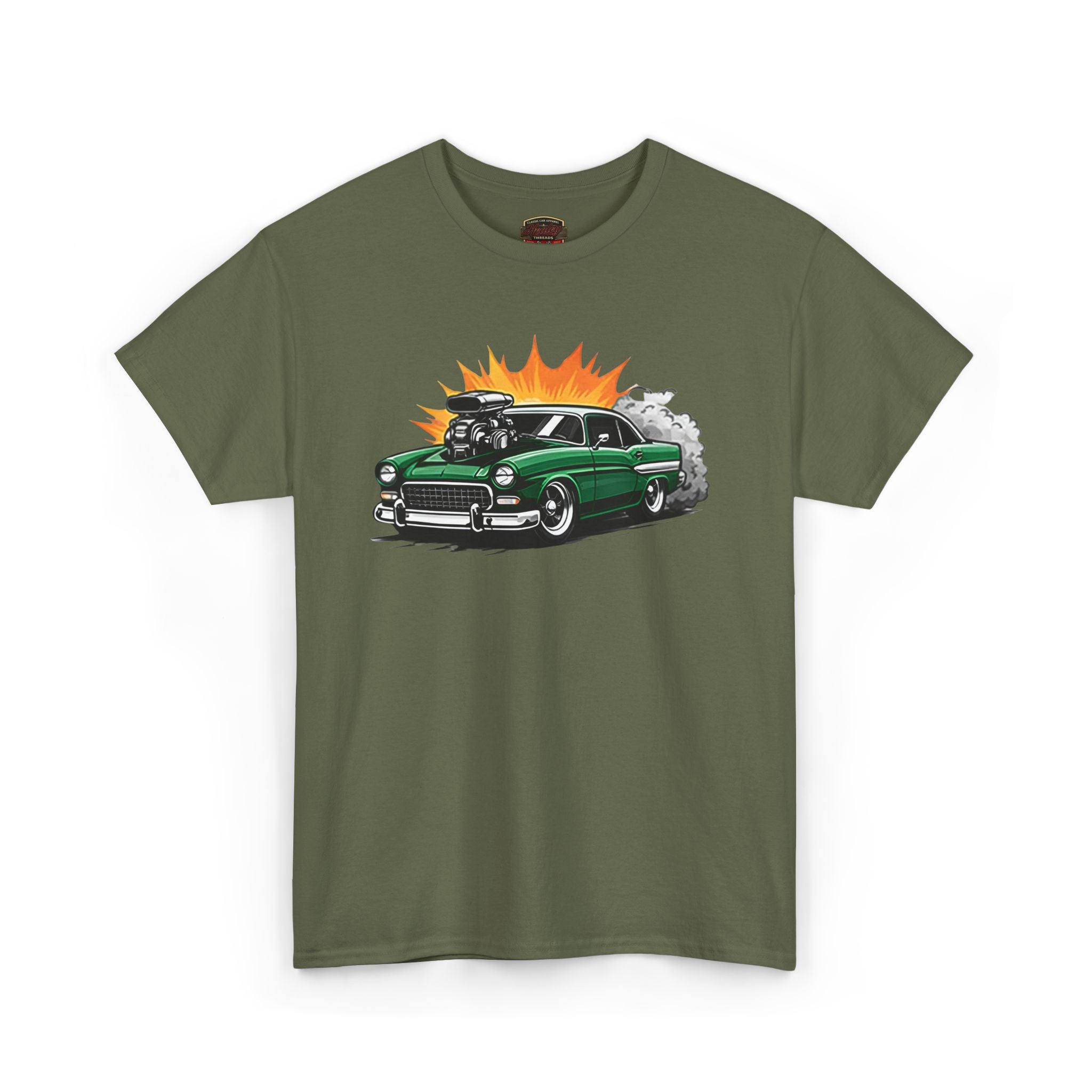 Military green t-shirt with a graphic of a classic car on a white background