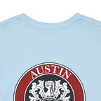 Light blue t-shirt with a red and black emblem featuring the word 'AUSTIN'.