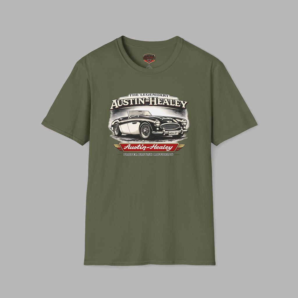 Military green t-shirt with Austin-Healey graphic on a gray background