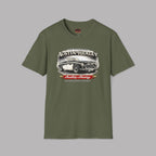 Military green t-shirt with Austin-Healey graphic on a gray background