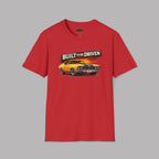 Red t-shirt with a graphic of a car and 'Built to be Driven' text on a gray background