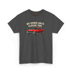 Gray t-shirt with red car graphic and text on a white background