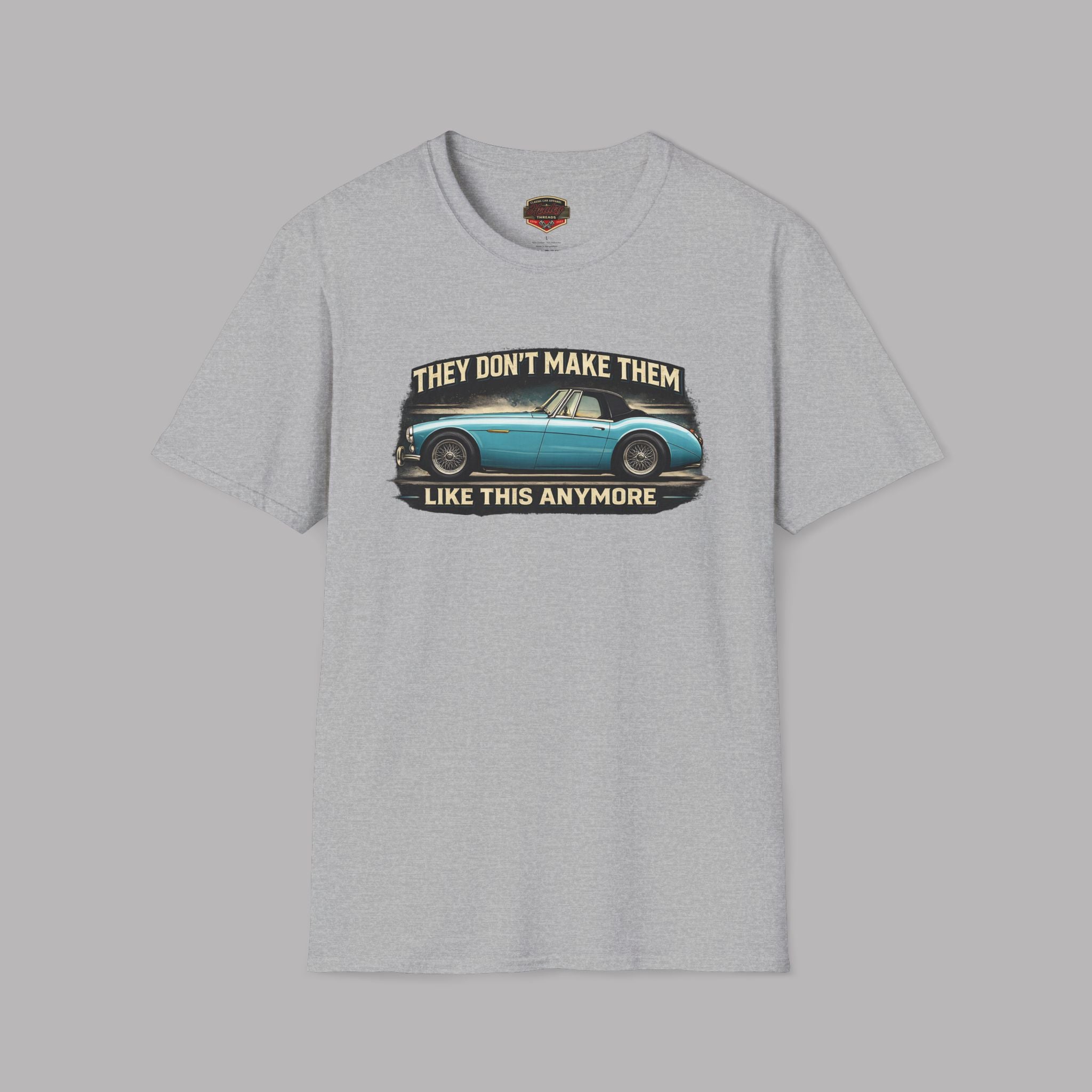 Sport gray t-shirt with a graphic of a classic car and text on a gray background