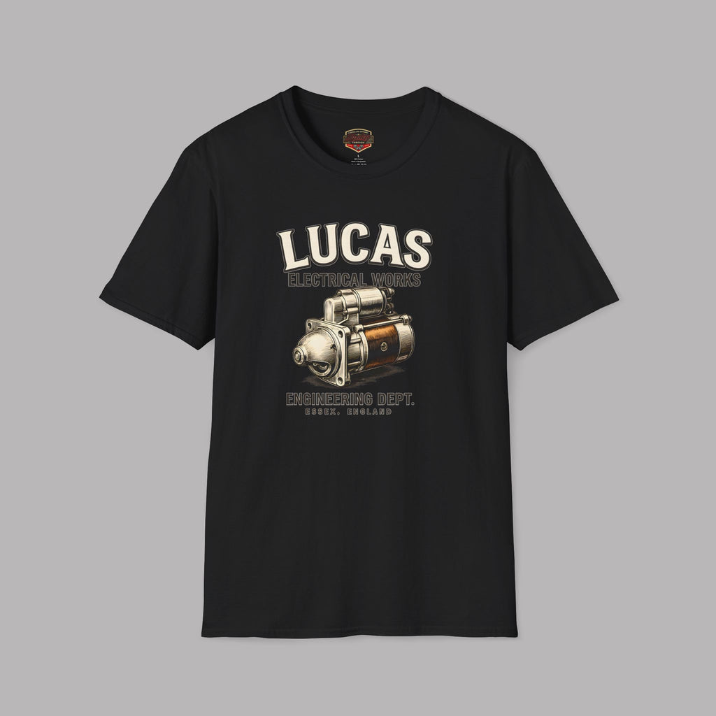 Black t-shirt Lucas Electrical Works graphic and text on a gray background 