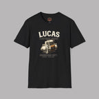 Black t-shirt Lucas Electrical Works graphic and text on a gray background 