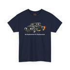 Navy blue t-shirt with a hot rod graphic and text on a white background